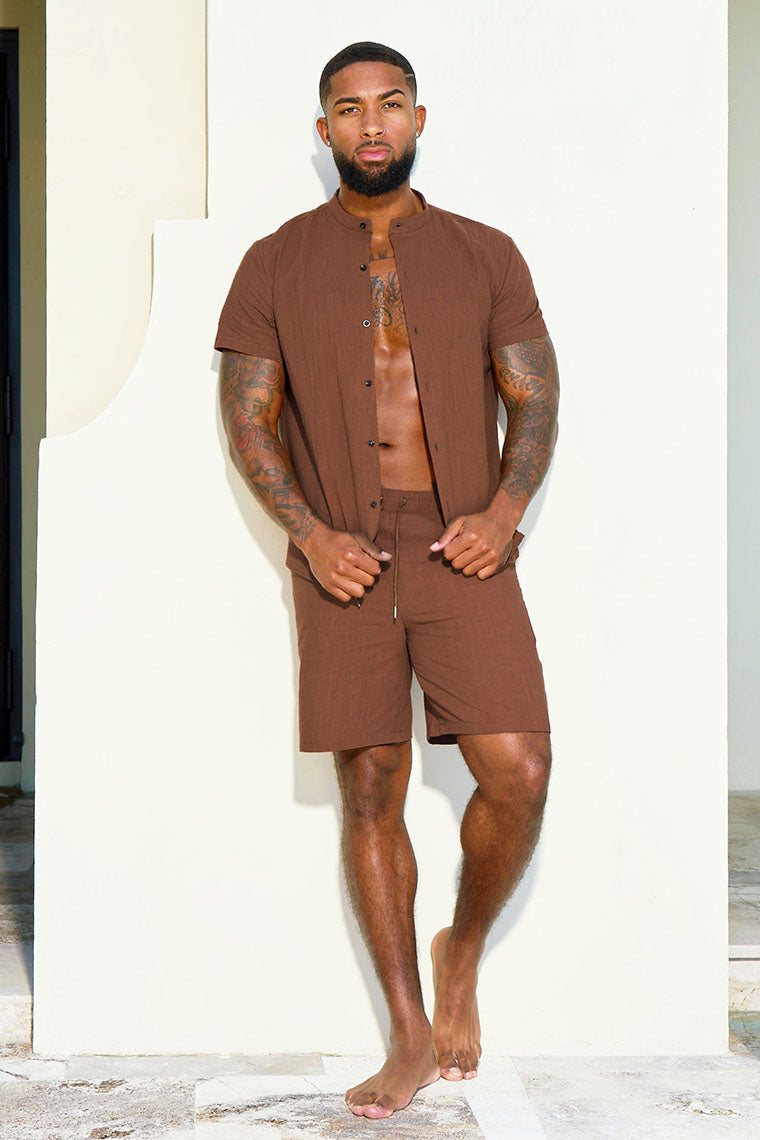 OUT OF TIME LINEN SHORTS-COFFEE